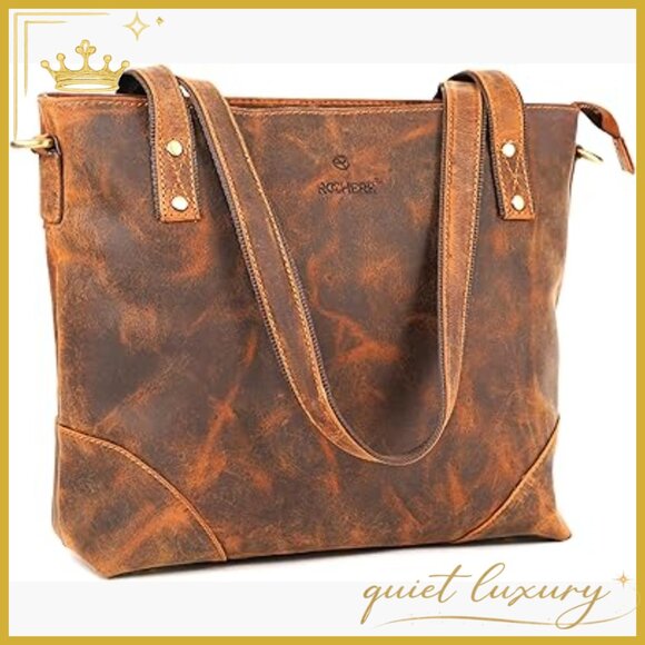 Small Genuine Leather Tote Bag with Strap for Work Travel